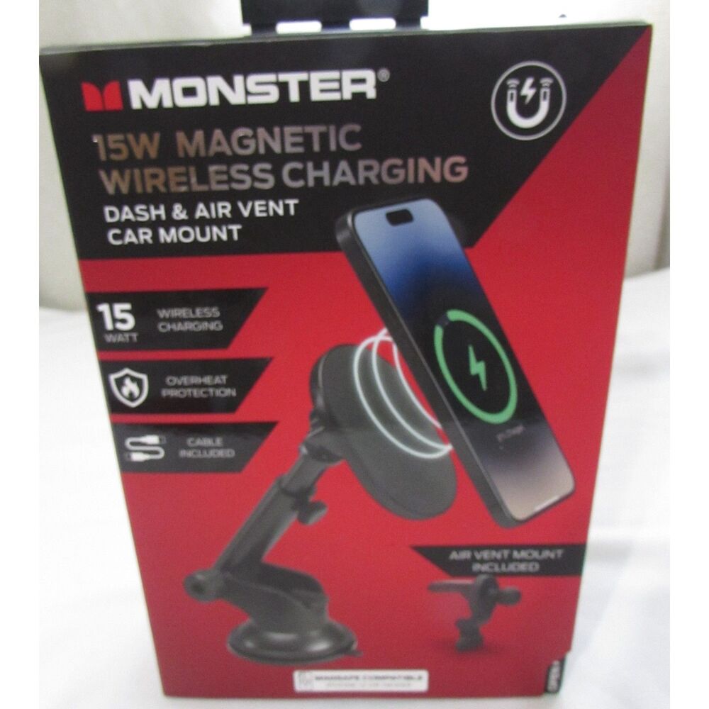 Monster 15w magnetic wireless charging dash & vent mount new in box